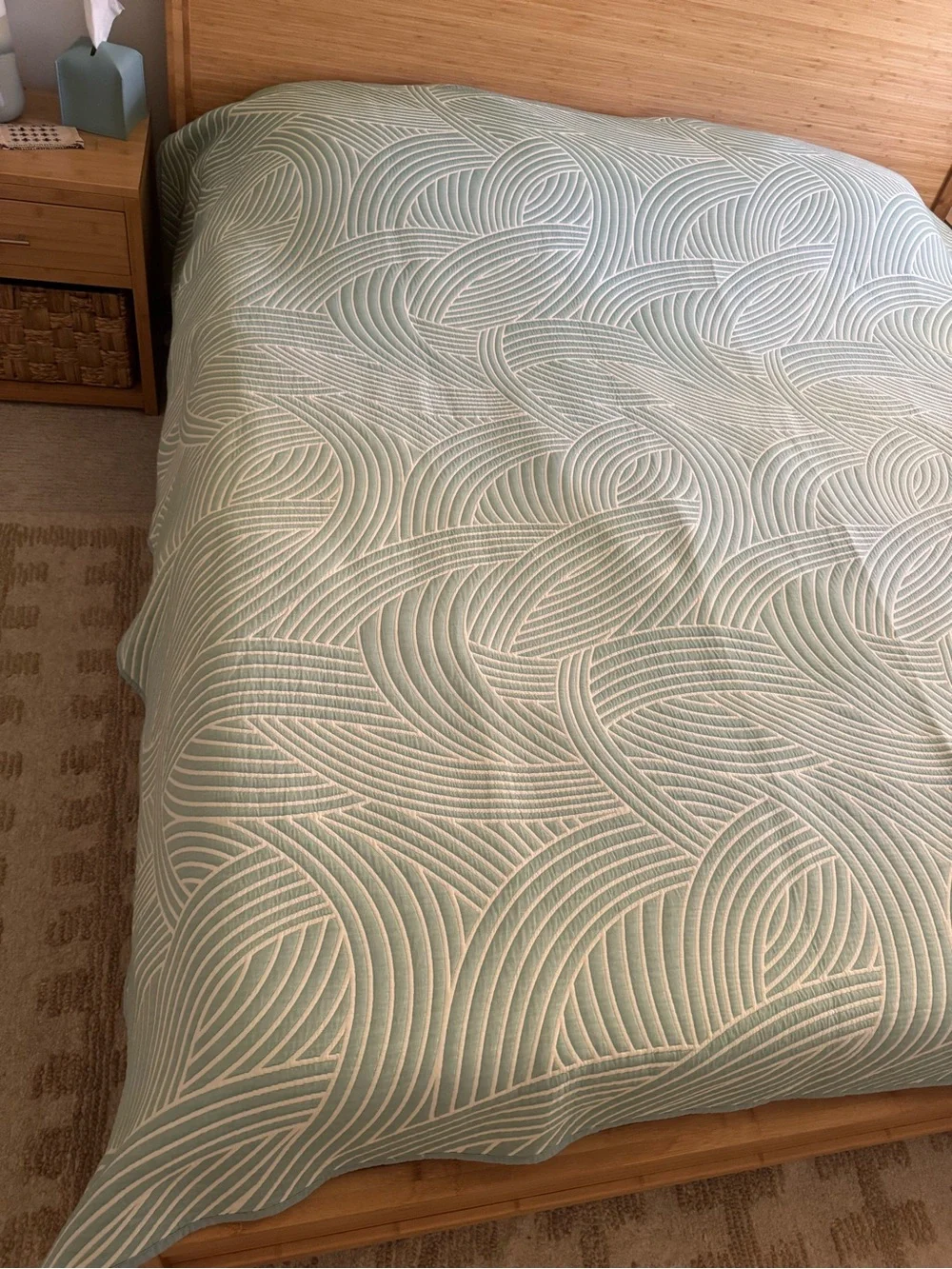 King Size Soft Wave Quilted Bedspread - Light Aqua/White
